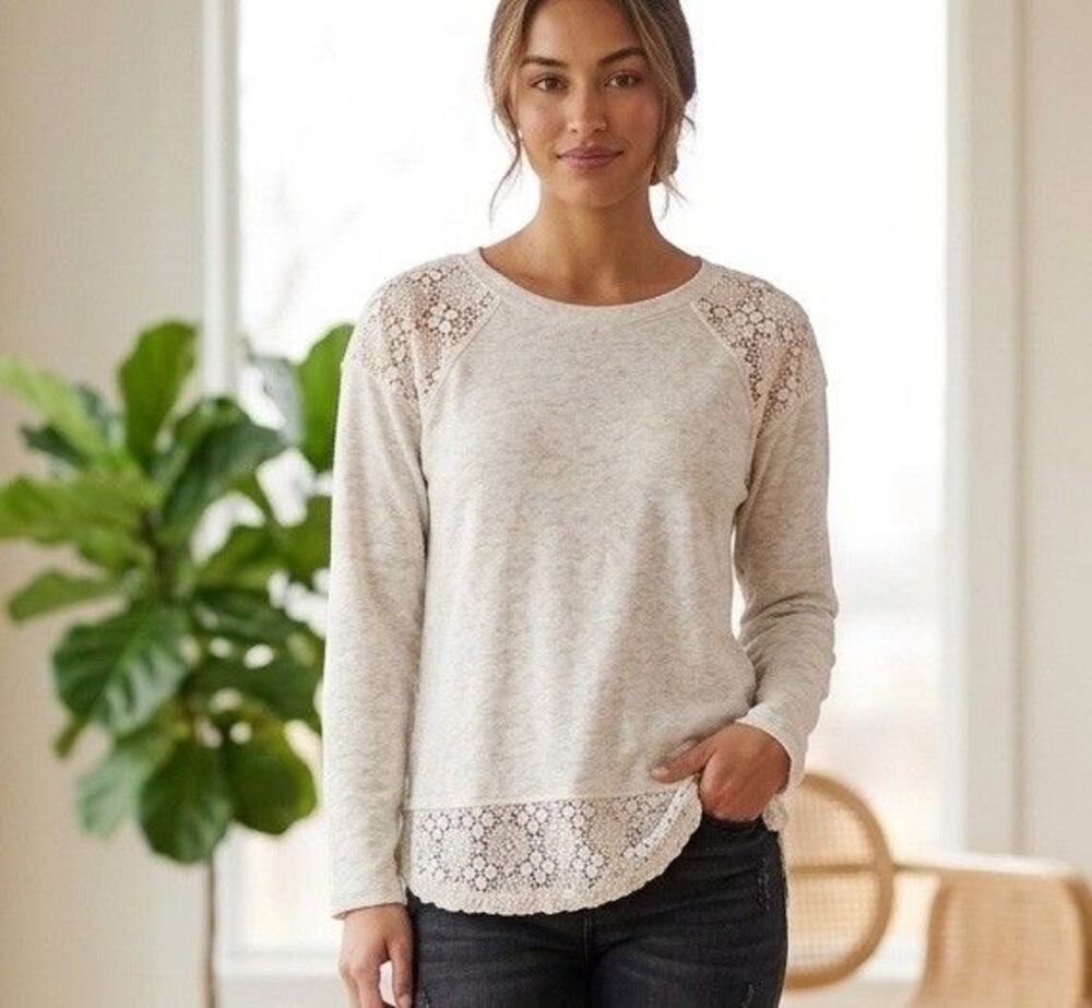 Democracy Heather Grey Crochet Lace Trim Sweatshirt Raglan Top Size L Boho